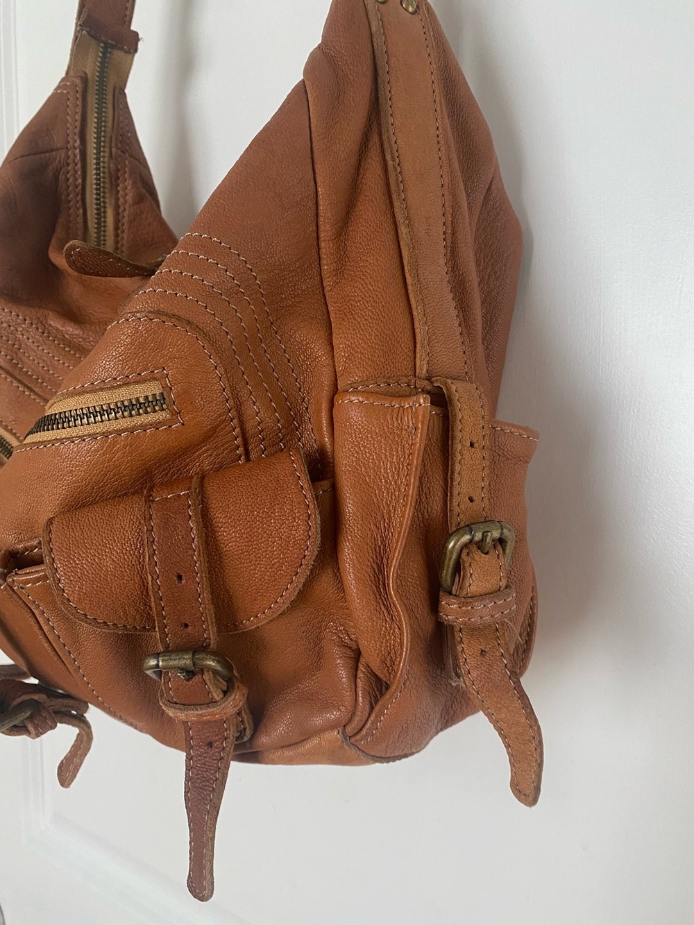 Tano Hobo Slouch Shoulder Bag Pebbled Leather In Cognac Hippie 70s Vintage Style - Picture 6 of 13
